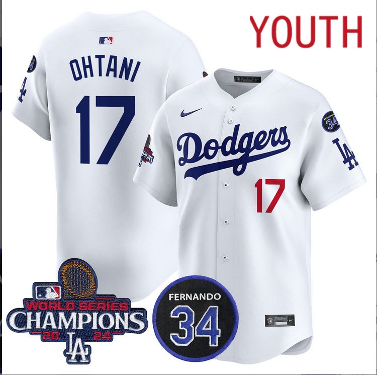 Youth MLB Los Angeles Dodgers #17 Ohtani white 2024 World Series Champions Patch Limited Jersey->youth mlb jersey->Youth Jersey